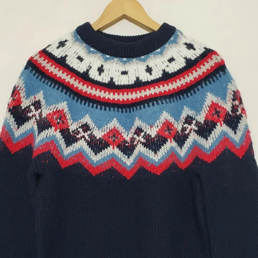 J. Crew Zigzag Fair Isle Sweater Wool Blend Navy Blue in Small